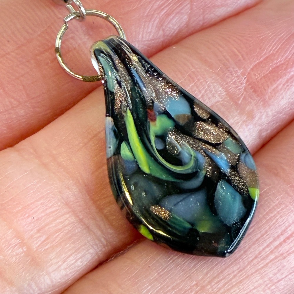 Lampwork Glass Earrings Celestial Dangle Teardrop Swirl Multicolor Silver Tone - Picture 4 of 12